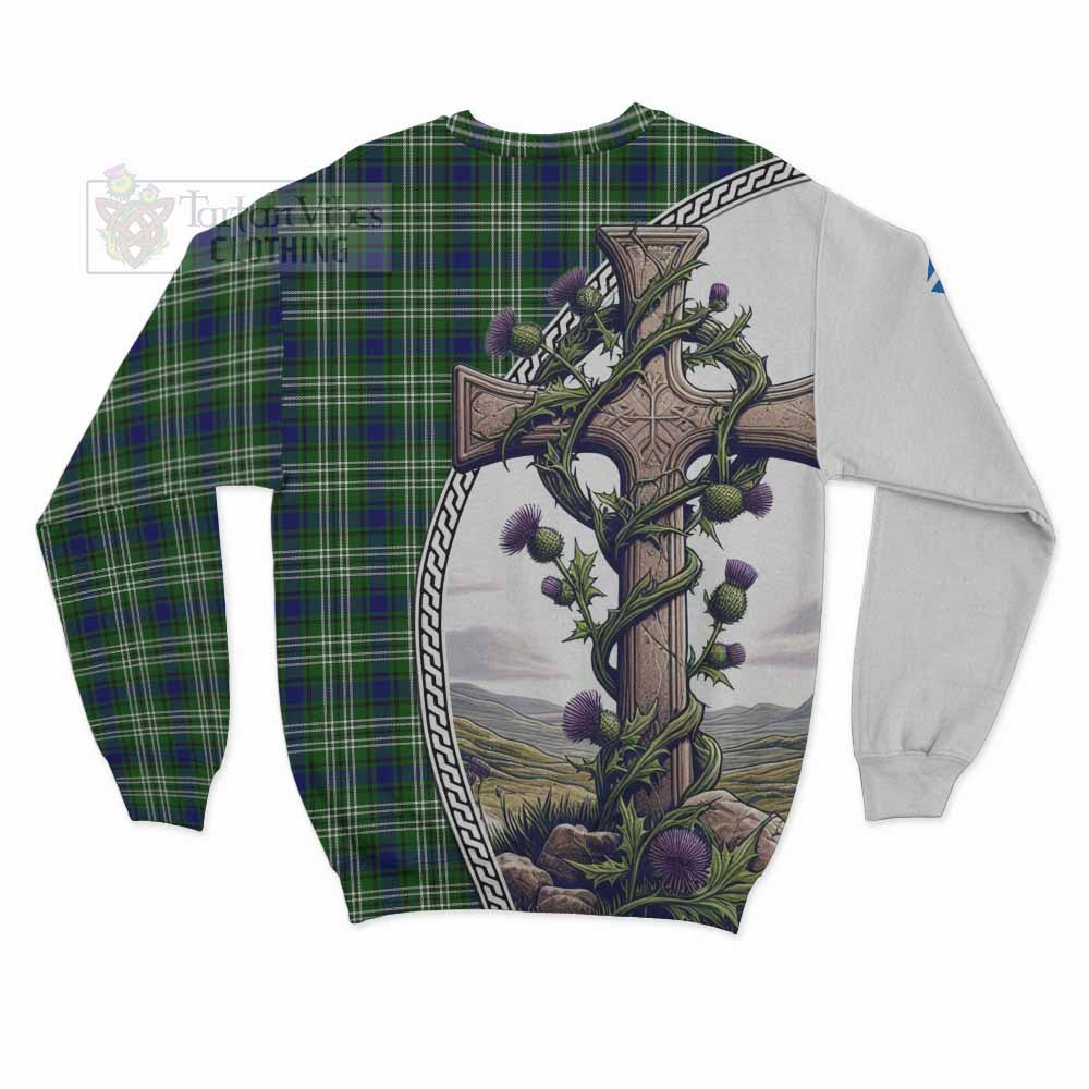 Mow Tartan Sweatshirt with Family Crest and St. Andrew's Cross Accented by Thistle Vines - Tartan Vibes Clothing