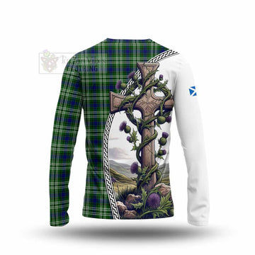 Mow Tartan Long Sleeve T-Shirt with Family Crest and St. Andrew's Cross Accented by Thistle Vines