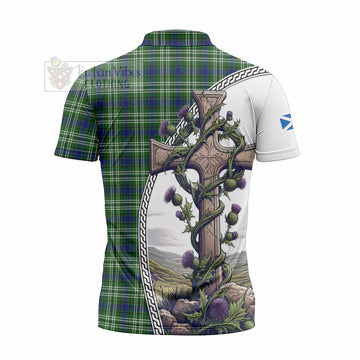 Mow Tartan Zipper Polo Shirt with Family Crest and St. Andrew's Cross Accented by Thistle Vines - Tartan Vibes Clothing