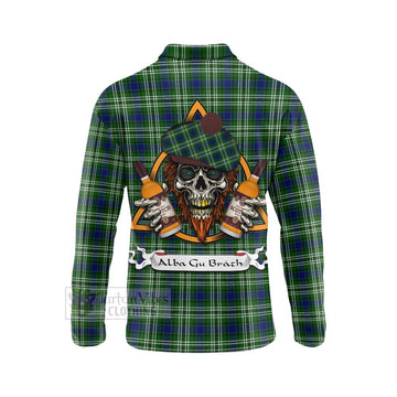 Mow Tartan Long Sleeve Polo Shirt with Family Crest and Bearded Skull Holding Bottles of Whiskey - Tartan Vibes Clothing