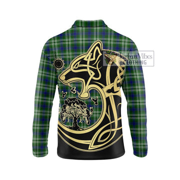 Mow Tartan Long Sleeve Polo Shirt with Family Crest Celtic Wolf Style - Tartan Vibes Clothing