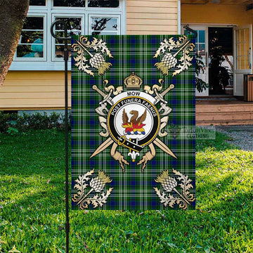 Mow Tartan Garden Flag with Family Crest and Golden Thistle Crossed Sword Design