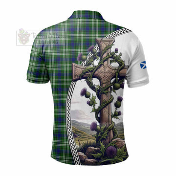 Mow Tartan Polo Shirt with Family Crest and St. Andrew's Cross Accented by Thistle Vines - Tartan Vibes Clothing