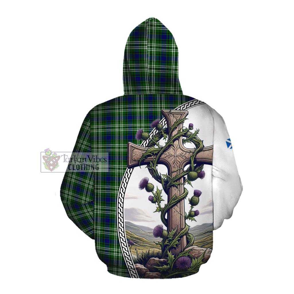 Tartan Vibes Clothing Mow Tartan Cotton Hoodie with Family Crest and St. Andrew's Cross Accented by Thistle Vines