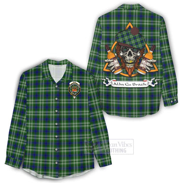 Mow Tartan Women's Casual Shirt with Family Crest and Bearded Skull Holding Bottles of Whiskey - Tartan Vibes Clothing