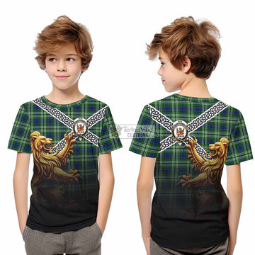 Mow Crest Tartan Kid T-Shirt with Golden Lion Emblem Celtic Style - Tartan Vibes Clothing
