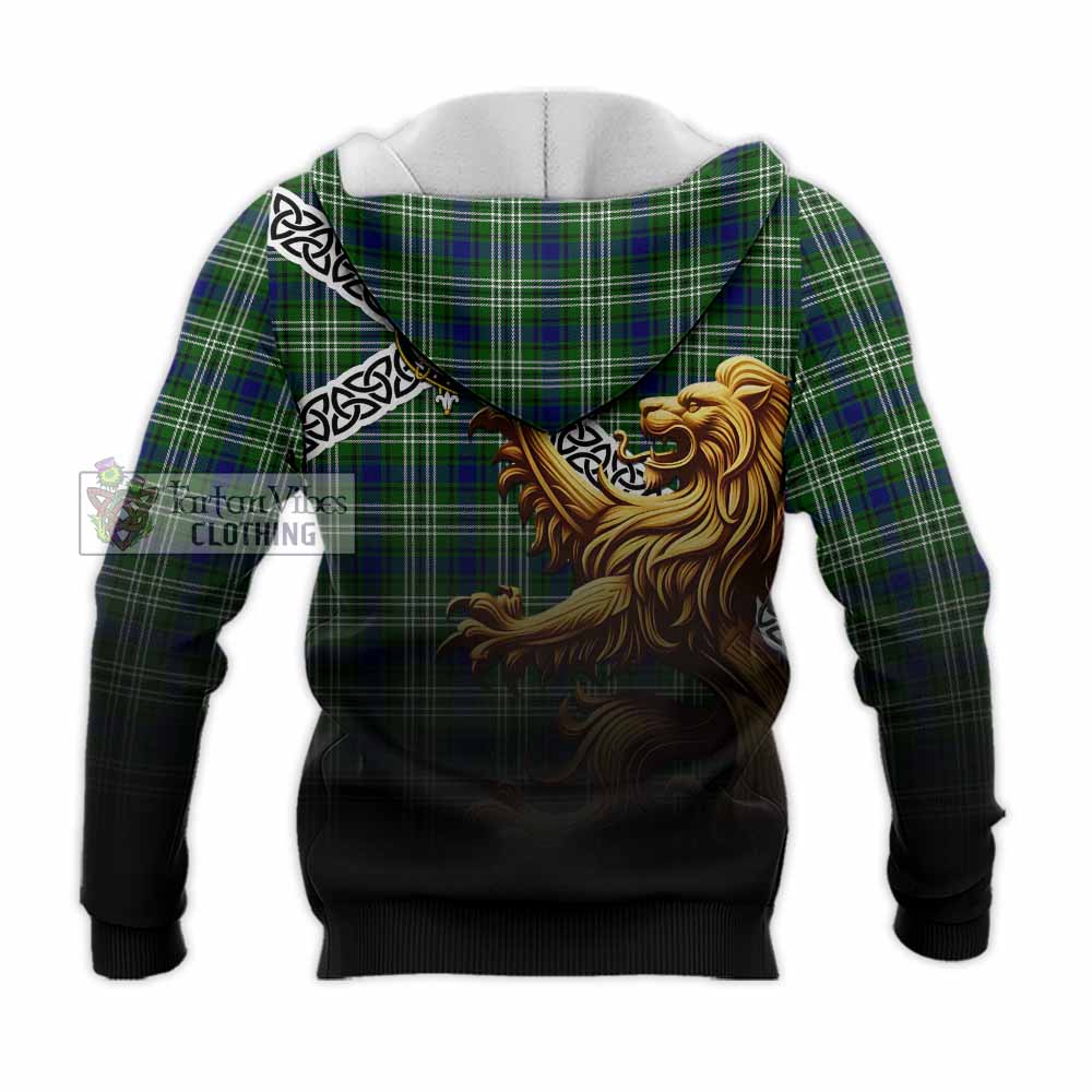 Mow Crest Tartan Knitted Hoodie with Golden Lion Emblem Celtic Style - Tartan Vibes Clothing
