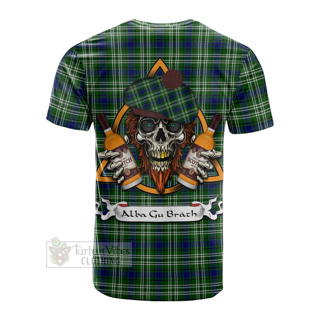 Tartan Vibes Clothing Mow Tartan Cotton T-shirt with Family Crest and Bearded Skull Holding Bottles of Whiskey