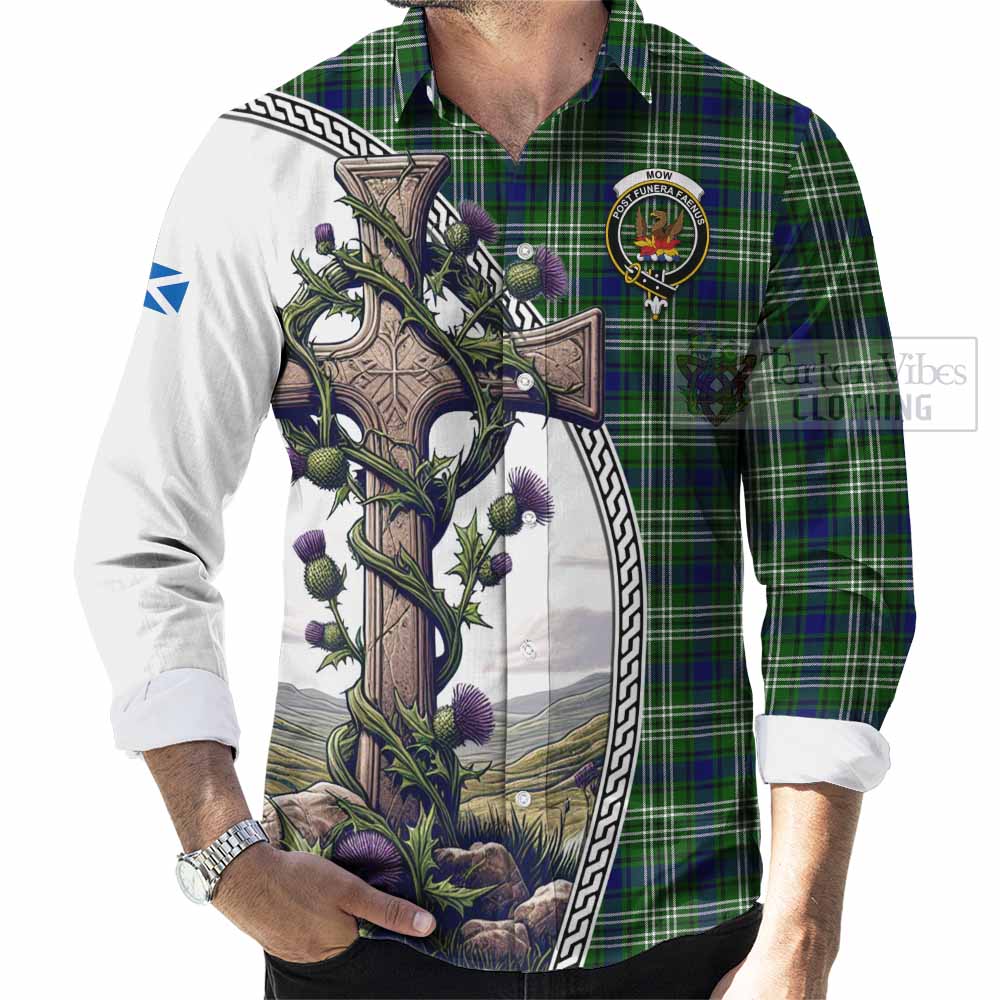 Mow Tartan Long Sleeve Button Shirt with Family Crest and St. Andrew's Cross Accented by Thistle Vines - Tartan Vibes Clothing