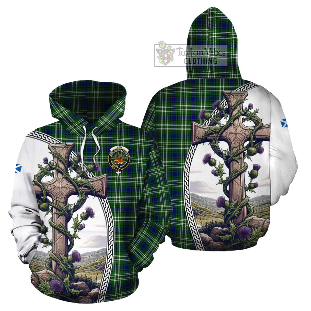 Tartan Vibes Clothing Mow Tartan Cotton Hoodie with Family Crest and St. Andrew's Cross Accented by Thistle Vines