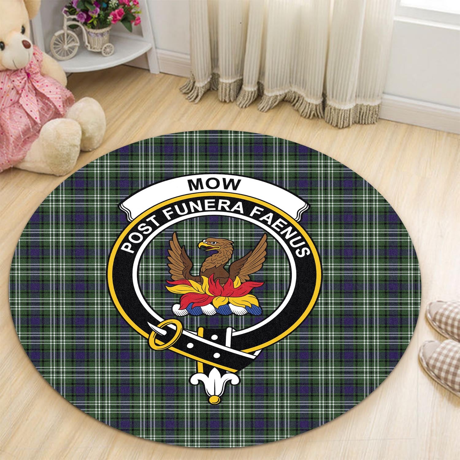 Mow Tartan Round Rug with Family Crest - Tartan Vibes Clothing