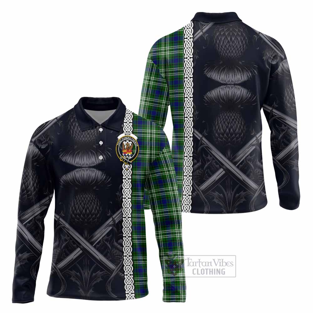 Mow Tartan Long Sleeve Polo Shirt with Family Crest Cross Sword Thistle Celtic Vibes - Tartan Vibes Clothing