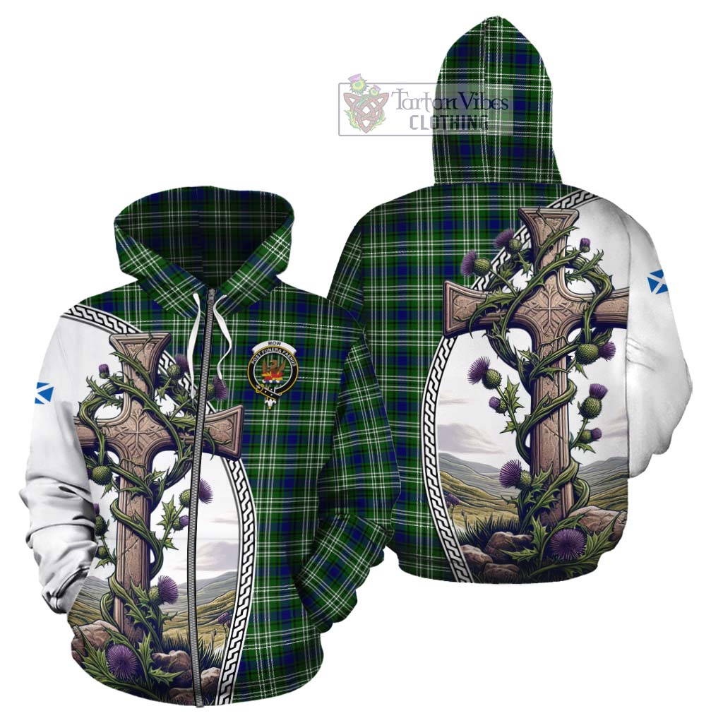 Tartan Vibes Clothing Mow Tartan Cotton Hoodie with Family Crest and St. Andrew's Cross Accented by Thistle Vines