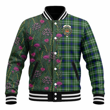 Mow Family Crest Tartan Baseball Jacket Scottish Thistle Flower Pattern Half Style - Tartan Vibes Clothing