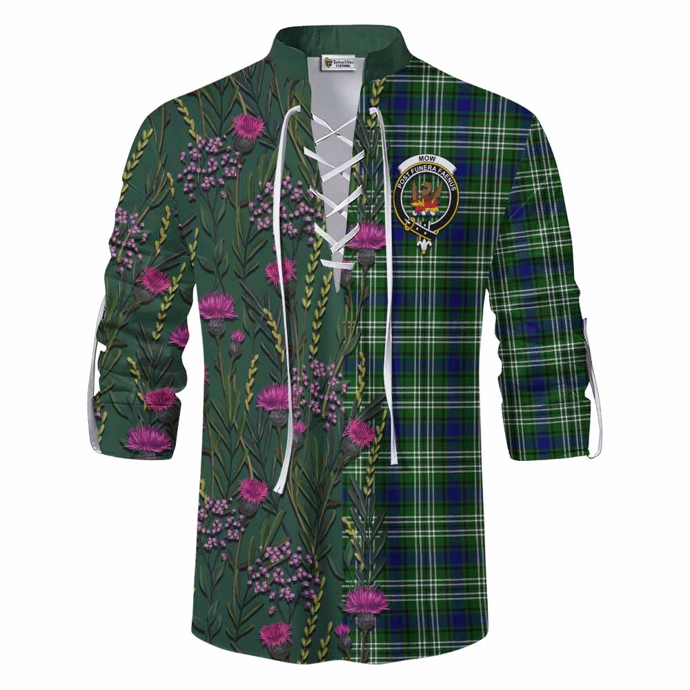 Mow Family Crest Tartan Ghillie Shirt Scottish Thistle Flower Pattern Half Style - Tartan Vibes Clothing
