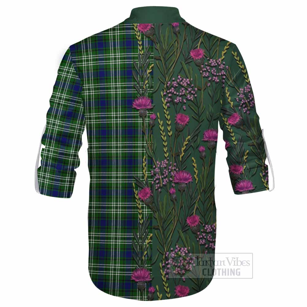 Mow Family Crest Tartan Ghillie Shirt Scottish Thistle Flower Pattern Half Style - Tartan Vibes Clothing