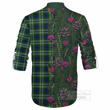 Mow Family Crest Tartan Ghillie Shirt Scottish Thistle Flower Pattern Half Style - Tartan Vibes Clothing