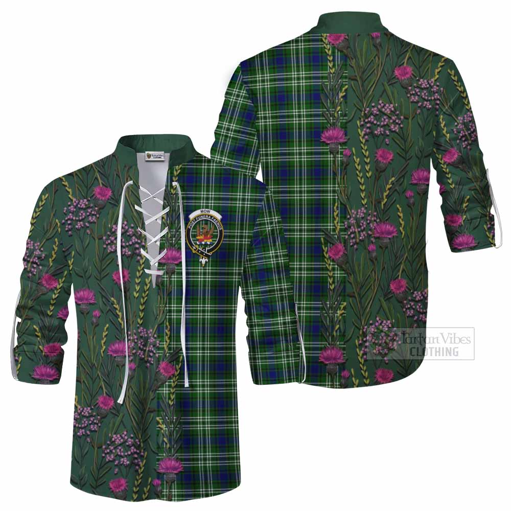 Mow Family Crest Tartan Ghillie Shirt Scottish Thistle Flower Pattern Half Style - Tartan Vibes Clothing