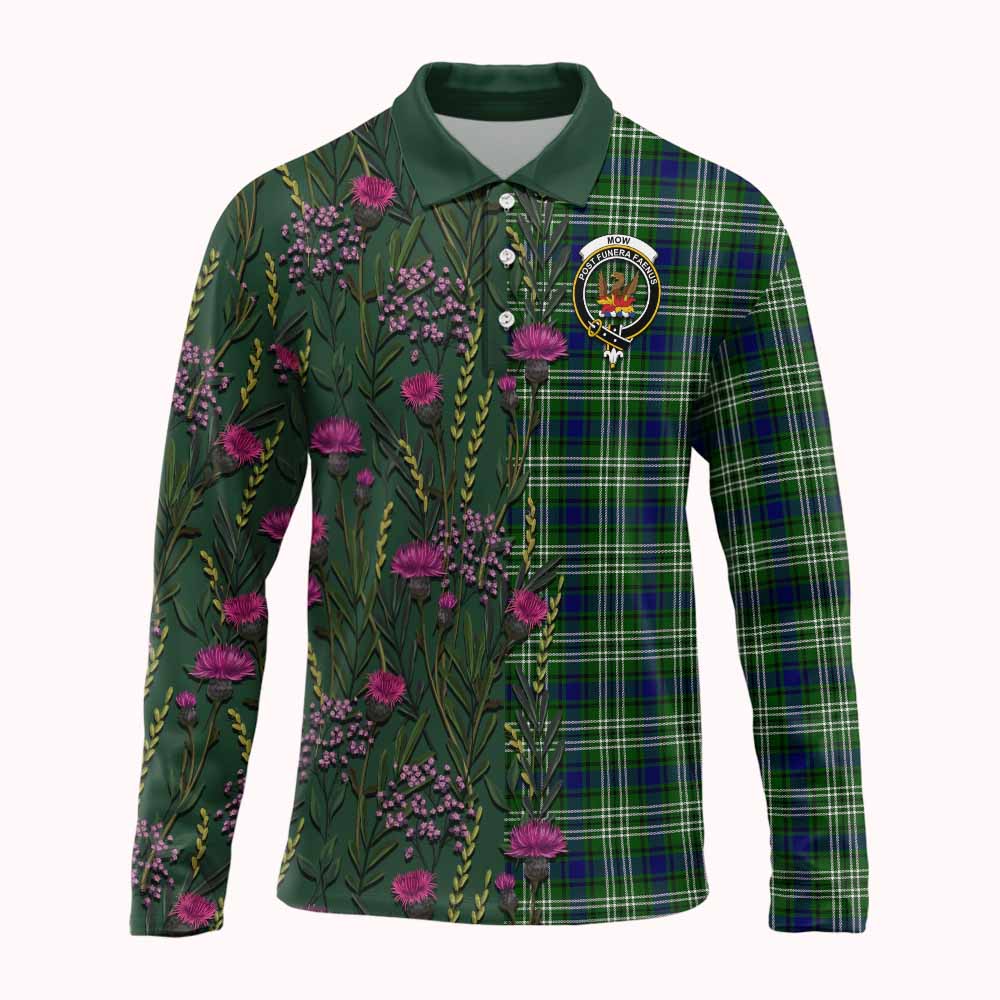 Mow Family Crest Tartan Long Sleeve Polo Shirt Scottish Thistle Flower Pattern Half Style - Tartan Vibes Clothing