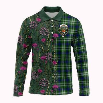 Mow Family Crest Tartan Long Sleeve Polo Shirt Scottish Thistle Flower Pattern Half Style - Tartan Vibes Clothing
