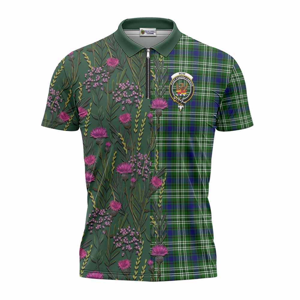 Mow Family Crest Tartan Zipper Polo Shirt Scottish Thistle Flower Pattern Half Style - Tartan Vibes Clothing