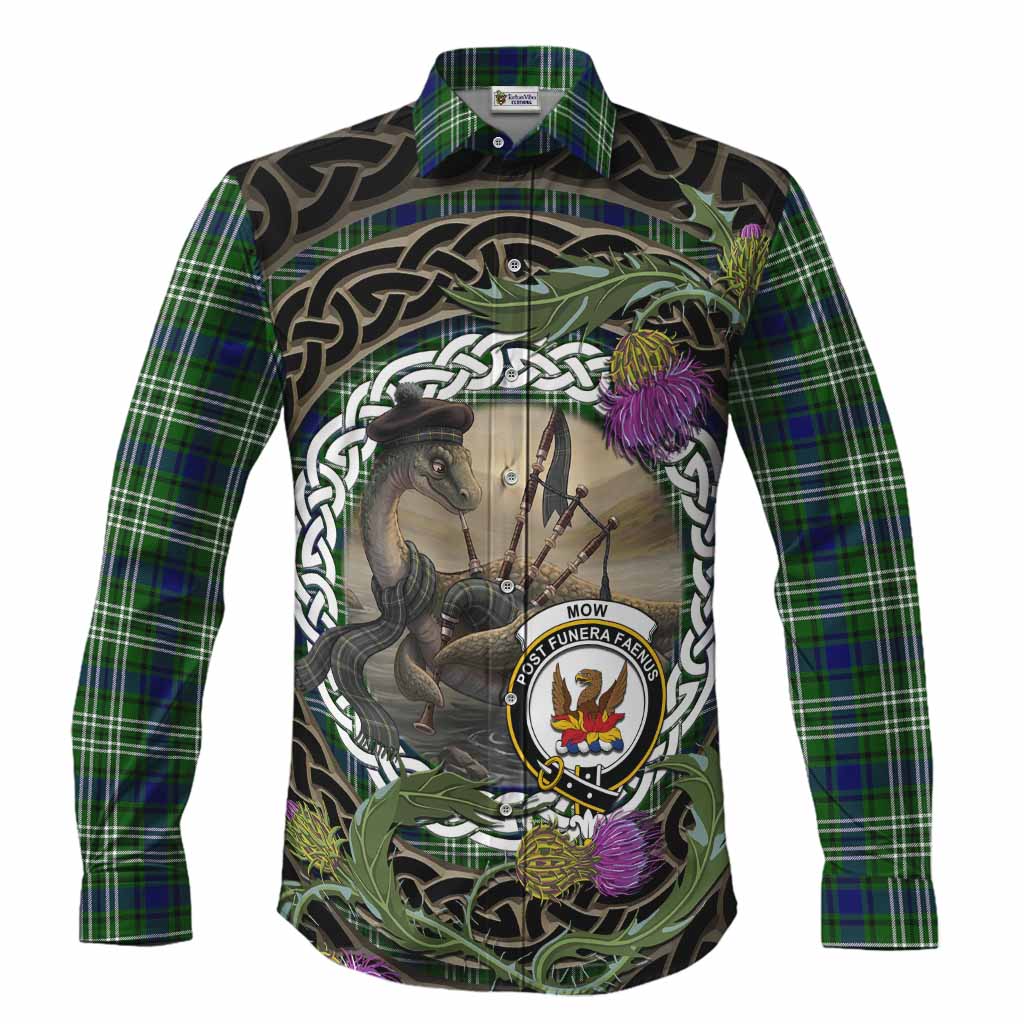 Mow Tartan Crest Bagpipe Nessie Long Sleeve Button Shirts Scottish Loch Ness Monster Celtic Thistle