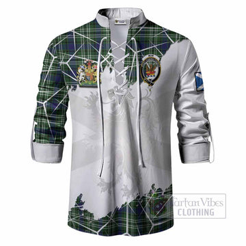 Mow Tartan Ghillie Shirt with Family Crest and Lion Rampant Grunge Style