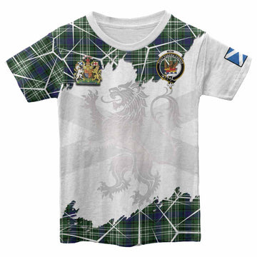 Mow Tartan Kid T-shirt with Family Crest and Lion Rampant Grunge Style