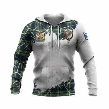 Mow Tartan Knitted Hoodie with Family Crest and Lion Rampant Grunge Style