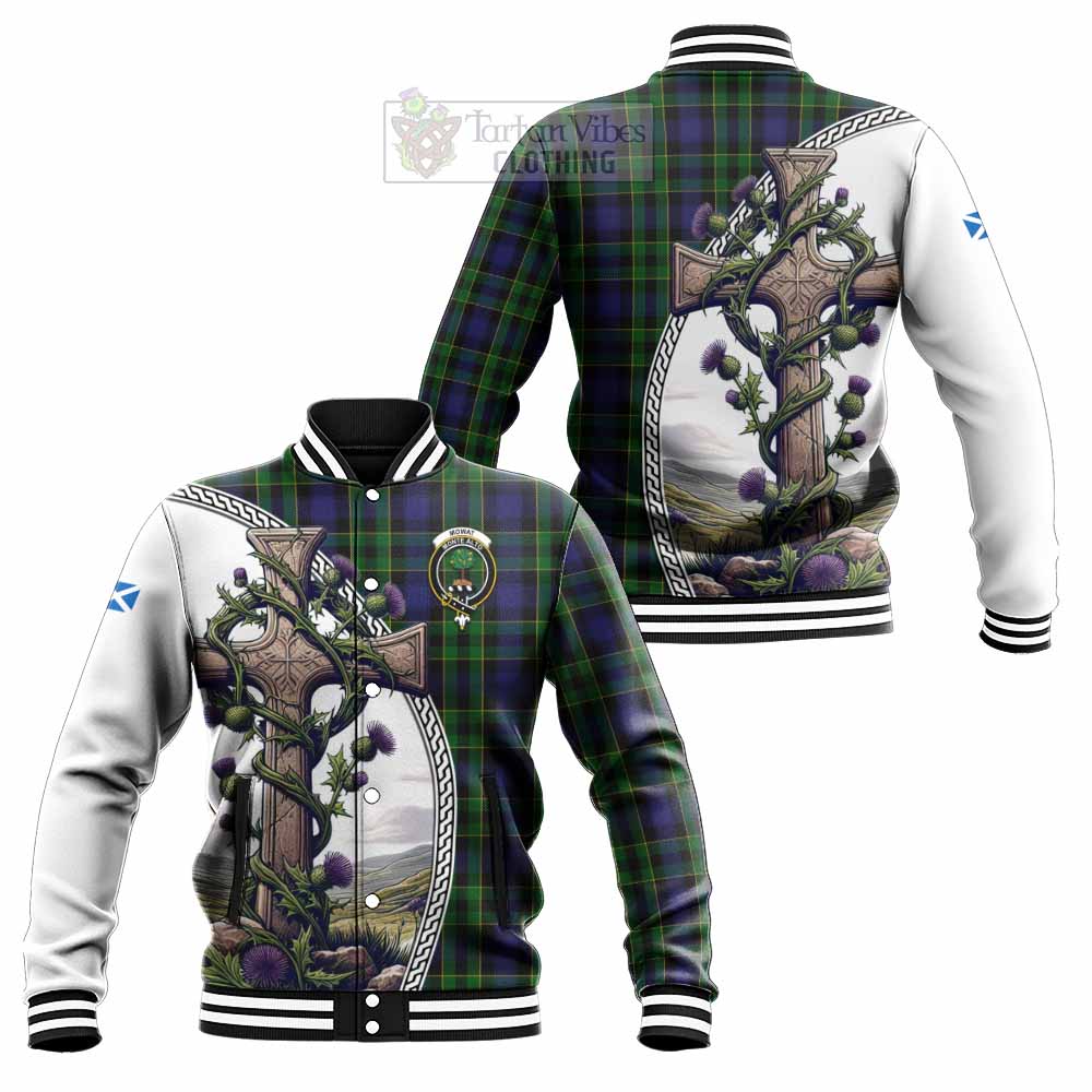 Mowat Tartan Baseball Jacket with Family Crest and St. Andrew's Cross Accented by Thistle Vines Unisex - Tartan Vibes Clothing