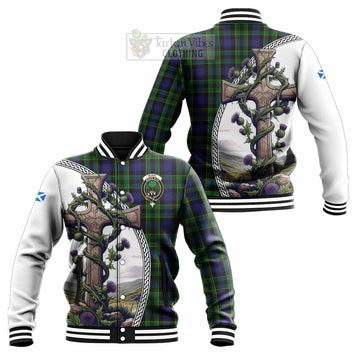 Mowat Tartan Baseball Jacket with Family Crest and St. Andrew's Cross Accented by Thistle Vines Unisex - Tartan Vibes Clothing