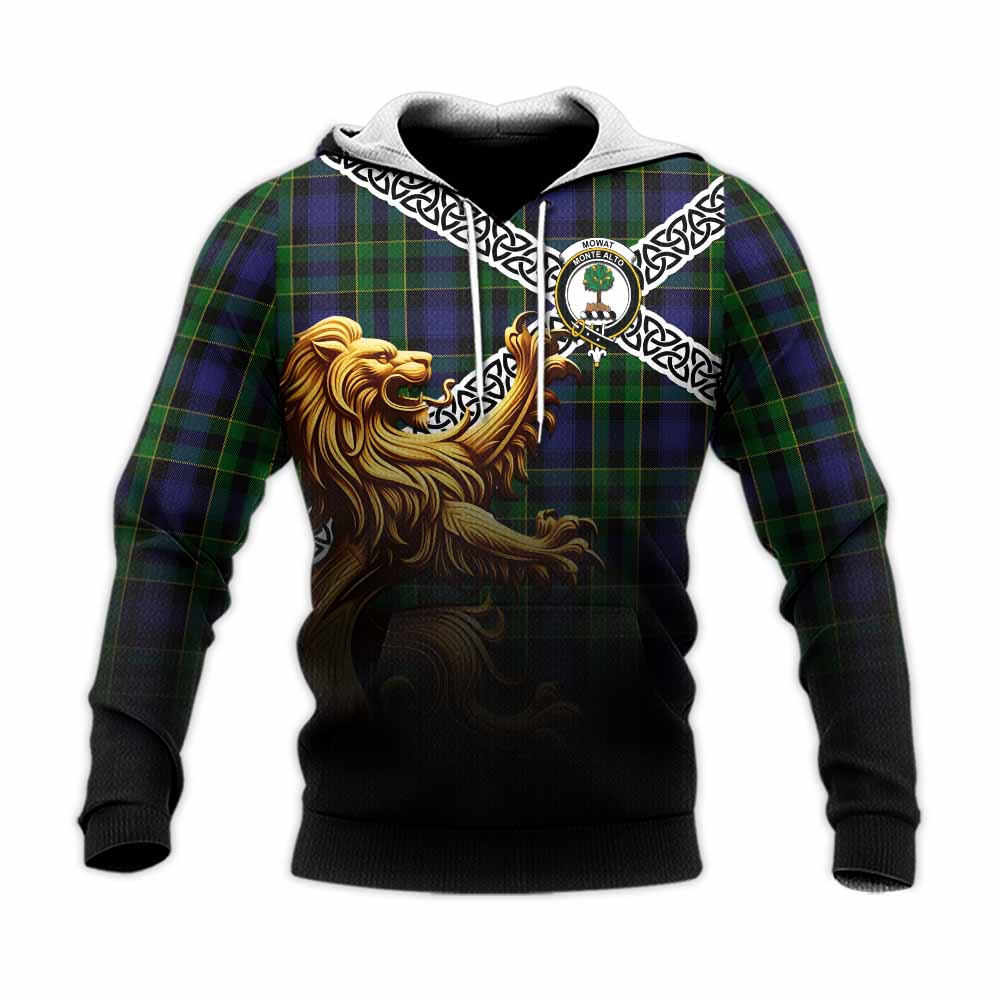 Mowat Crest Tartan Knitted Hoodie with Golden Lion Emblem Celtic Style Unisex Knitted Pullover Hoodie - Tartan Vibes Clothing