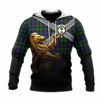 Tartan Vibes Clothing Mowat Crest Tartan Knitted Hoodie with Golden Lion Emblem Celtic Style