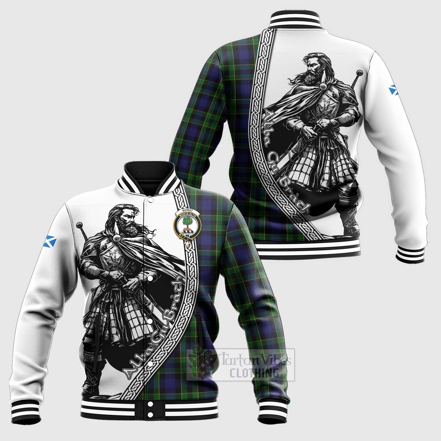 Mowat Tartan Clan Crest Baseball Jacket with Highlander Warrior Celtic Style Unisex - Tartan Vibes Clothing