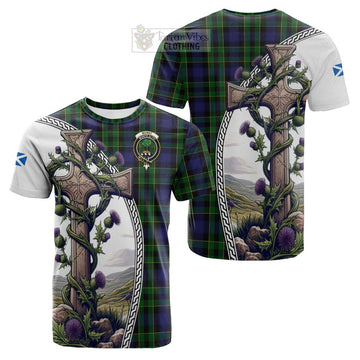 Mowat Tartan Cotton T-shirt with Family Crest and St. Andrew's Cross Accented by Thistle Vines Kid's Shirt - Tartan Vibes Clothing