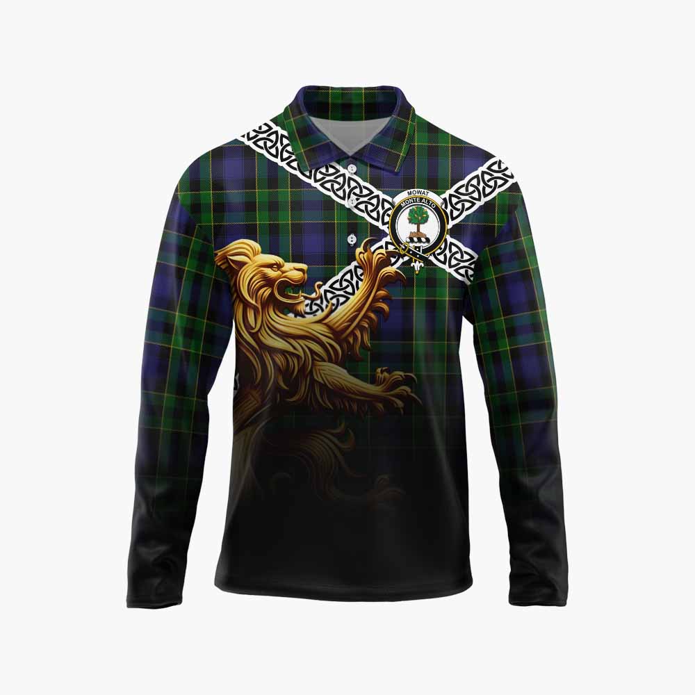 Mowat Crest Tartan Long Sleeve Polo Shirt with Golden Lion Emblem Celtic Style Unisex - Tartan Vibes Clothing