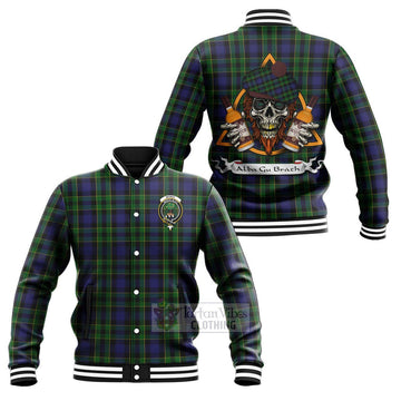 Mowat Tartan Baseball Jacket with Family Crest and Bearded Skull Holding Bottles of Whiskey Unisex - Tartan Vibes Clothing