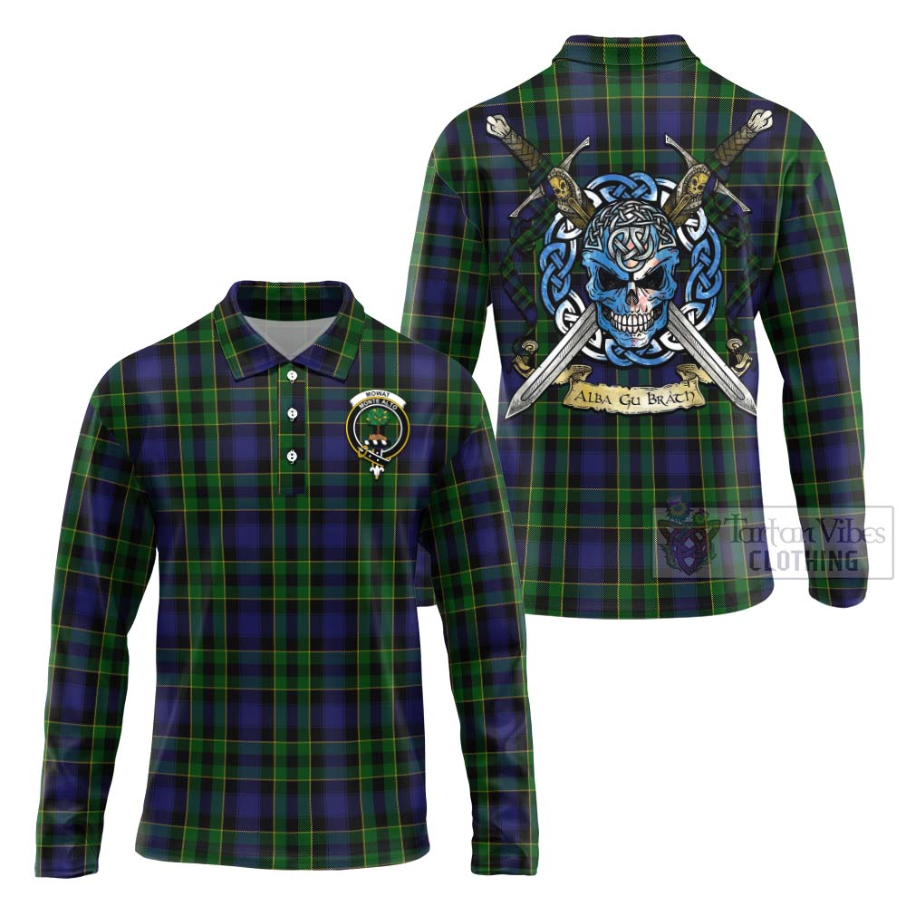 Mowat Tartan Long Sleeve Polo Shirt with Family Crest Celtic Skull Style Unisex - Tartan Vibes Clothing