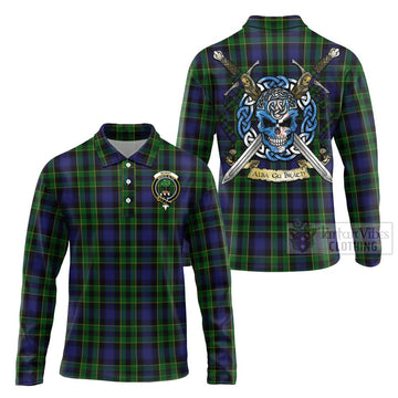 Mowat Tartan Long Sleeve Polo Shirt with Family Crest Celtic Skull Style Unisex - Tartan Vibes Clothing