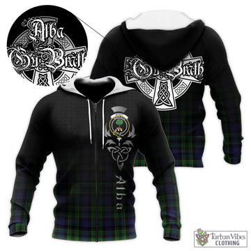 Mowat Tartan Knitted Hoodie Featuring Alba Gu Brath Family Crest Celtic Inspired