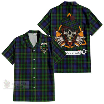 Mowat Tartan Hawaiian Shirt with Family Crest and Bearded Skull Holding Bottles of Whiskey Kid - Tartan Vibes Clothing