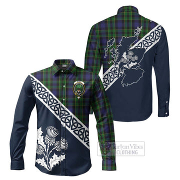 Mowat Tartan Long Sleeve Button Shirt Featuring Thistle and Scotland Map Men's Shirt S - Tartan Vibes Clothing