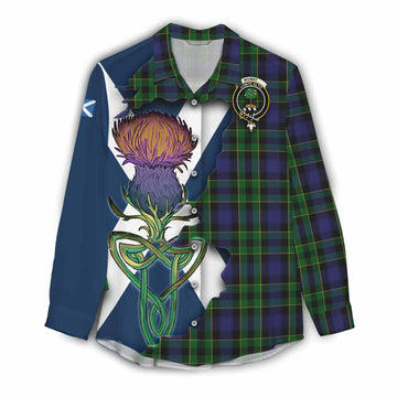 Tartan Vibes Clothing Mowat Tartan Family Crest Women's Casual Shirt Scottish Thistle Celtic Inspired