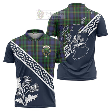 Mowat Tartan Zipper Polo Shirt Featuring Thistle and Scotland Map Unisex - Tartanvibesclothing Store