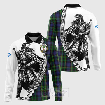 Mowat Tartan Clan Crest Long Sleeve Polo Shirt with Highlander Warrior Celtic Style Unisex - Tartan Vibes Clothing