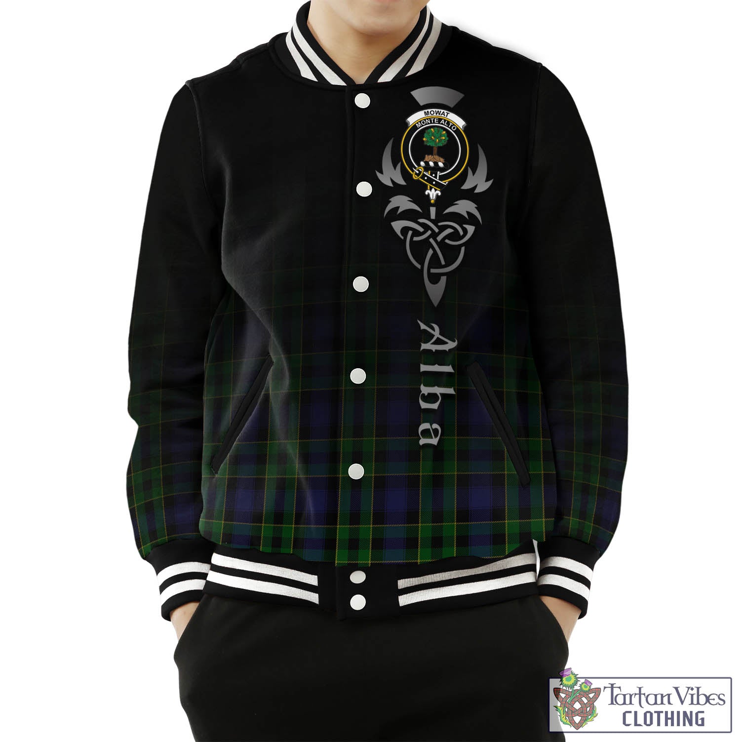 Mowat Tartan Baseball Jacket Featuring Alba Gu Brath Family Crest Celtic Inspired Unisex - Tartan Vibes Clothing