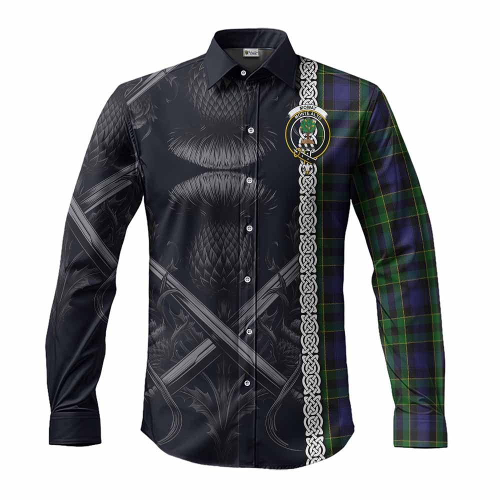 Tartan Vibes Clothing Mowat Tartan Long Sleeve Button Shirt with Family Crest Cross Sword Thistle Celtic Vibes