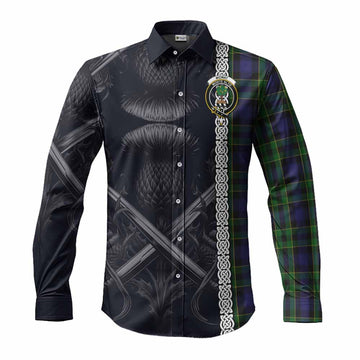 Tartan Vibes Clothing Mowat Tartan Long Sleeve Button Shirt with Family Crest Cross Sword Thistle Celtic Vibes