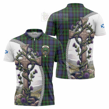 Mowat Tartan Zipper Polo Shirt with Family Crest and St. Andrew's Cross Accented by Thistle Vines Unisex - Tartan Vibes Clothing