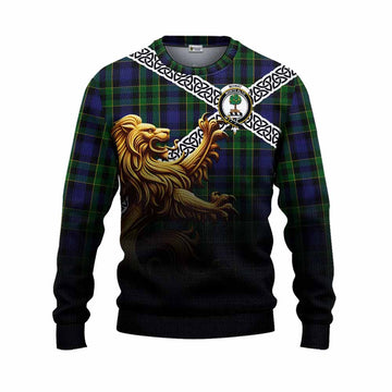Mowat Crest Tartan Knitted Sweater with Golden Lion Emblem Celtic Style Unisex - Tartan Vibes Clothing